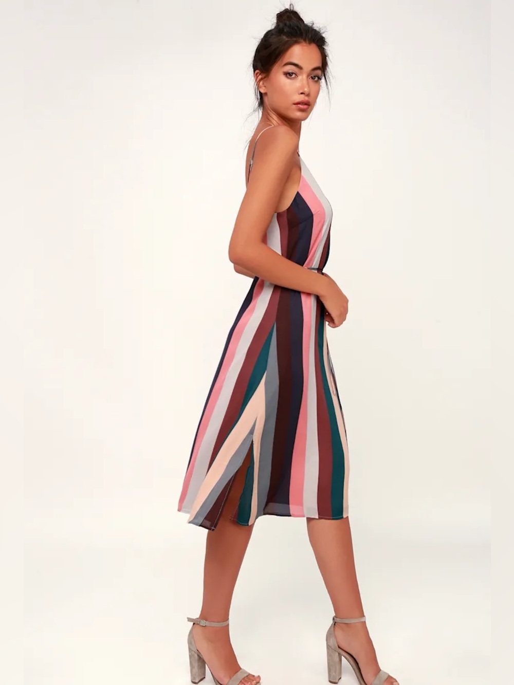 Lulus Striped Midi Slip Dress Multicolor V Neck Adjustable Straps S